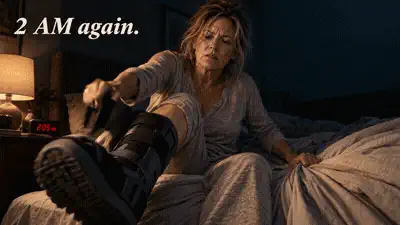 2 AM again — a woman ripping off her night splint boot in frustration, half-asleep in bed