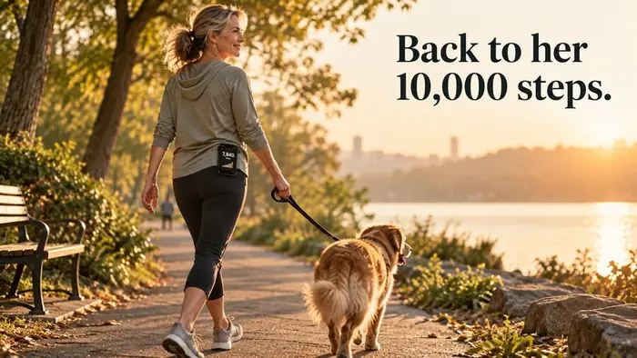 Back to her 10,000 steps — a woman walking her dog at sunset, pain-free