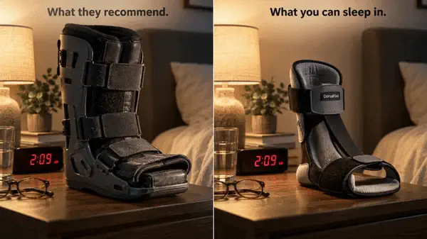 What they recommend vs what you can actually sleep in — a rigid posterior boot next to the low-profile DorsalFlex dorsal splint