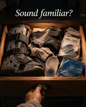 A drawer full of abandoned night splint boots — the graveyard of failed attempts
