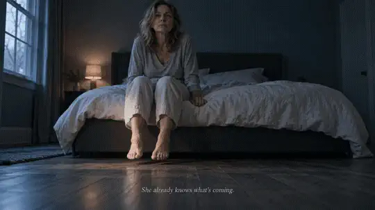 A woman sitting on the edge of her bed in the dark — she already knows what the first step will feel like