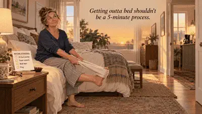 Morning stretch routine with a towel — the daily ritual of loosening tight feet before standing