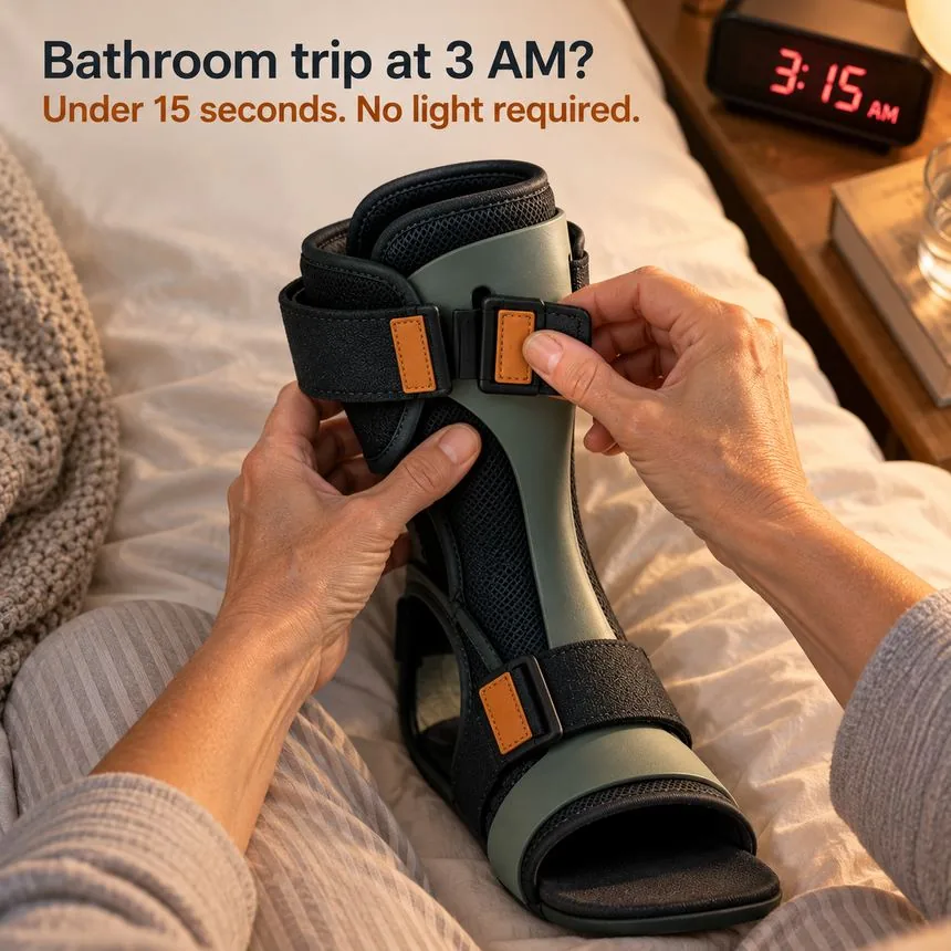 2023 APTA Clinical Practice Guideline: 'Clinicians should prescribe a 1-to-3-month program of night splints for individuals with consistent first-step morning pain.' DorsalFlex is the version built to be worn.