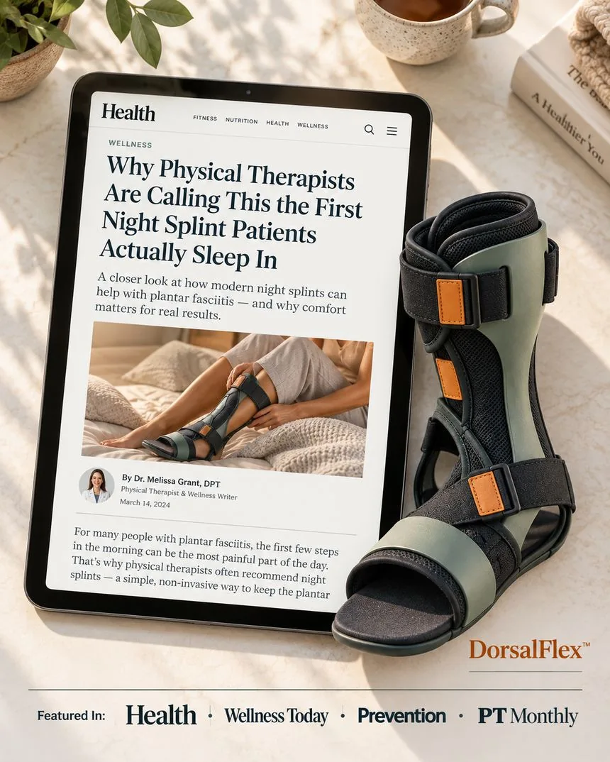 DorsalFlex annotated: Smooth exterior — no velcro to snag sheets. Open toes — zero numbness. Open heel — no pressure points.