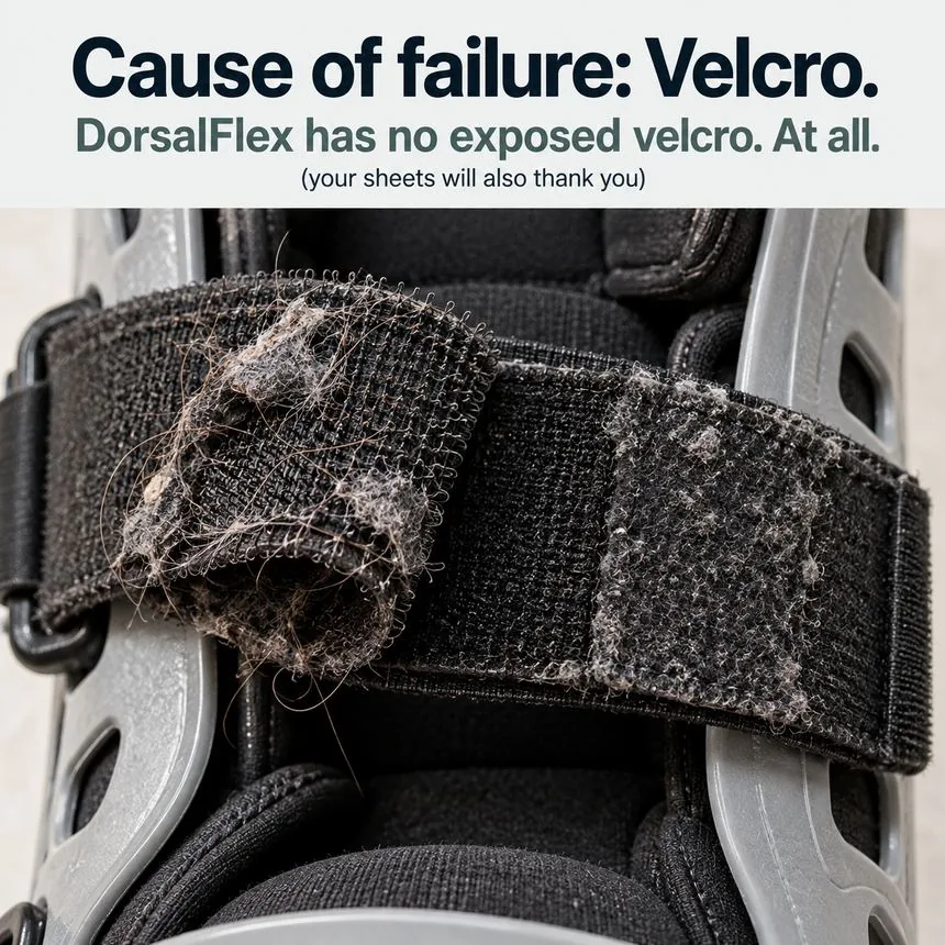 First step before DorsalFlex: tense, clenched feet on a dark floor. First step at Week 6: the same feet, relaxed, standing in warm morning light.