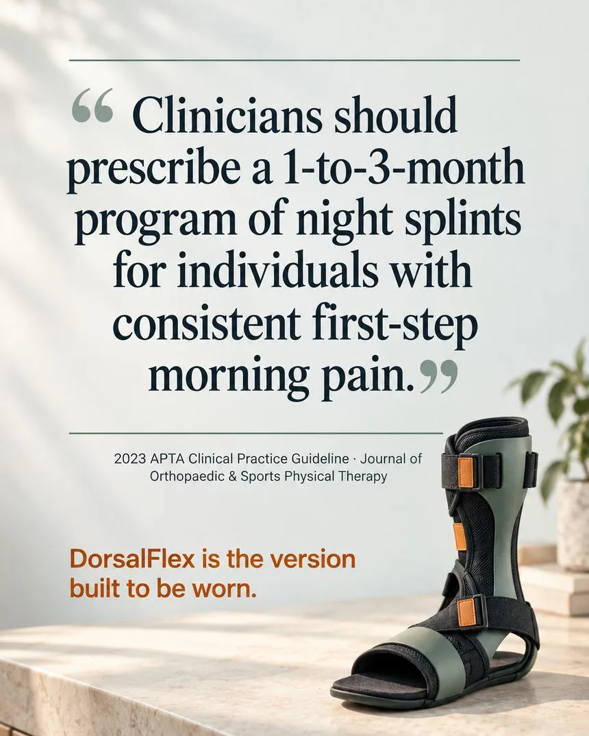 Hands removing DorsalFlex quickly at 3:15 AM — 'Bathroom trip at 3 AM? Under 15 seconds. No light required.'