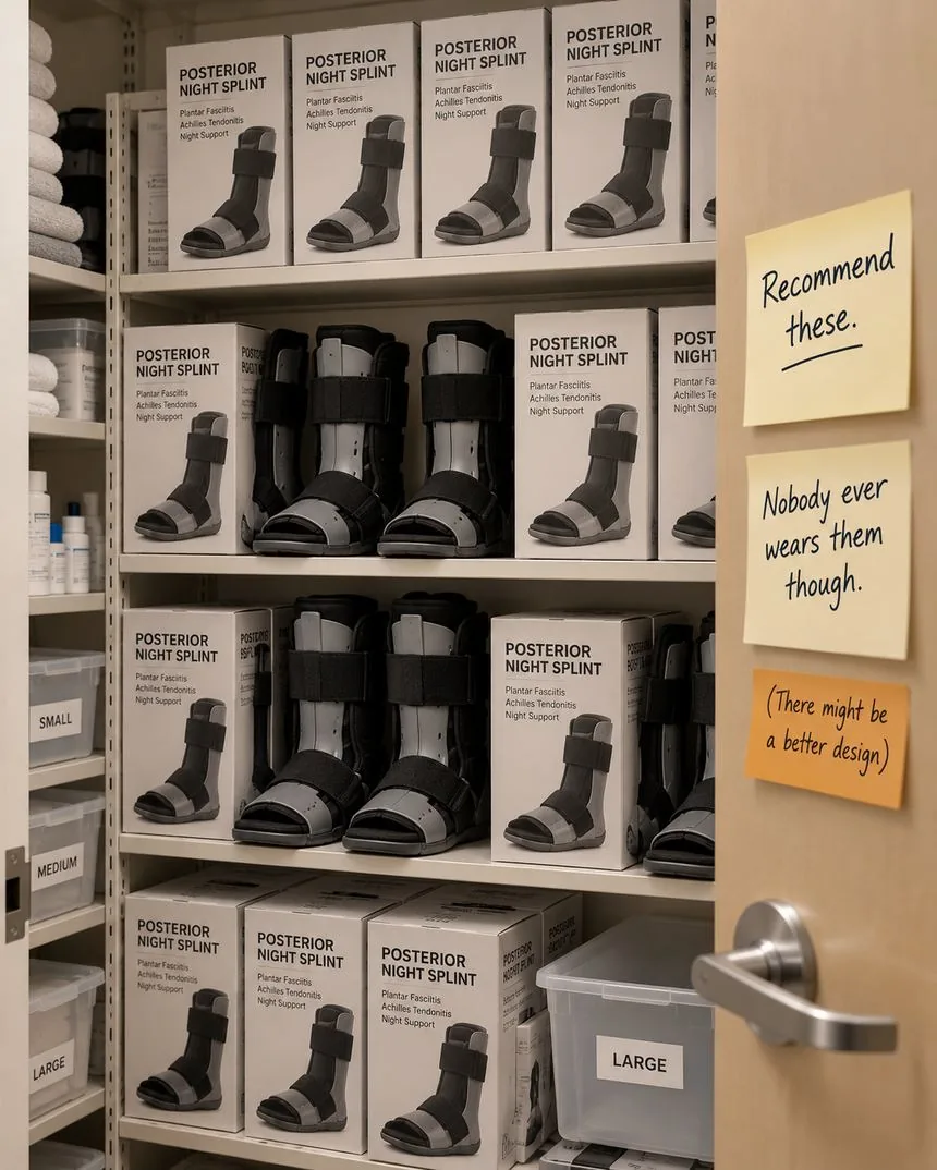 PT clinic supply closet stocked with posterior night splints. Sticky notes on the door read: 'Recommend these. Nobody ever wears them though. (There might be a better design)'