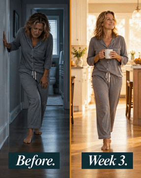 Before: woman grimacing in pain, gripping the wall during her first morning steps. Week 3: the same woman walking freely through her kitchen holding coffee.