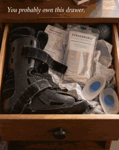 You probably own this drawer — abandoned night splints, Strassburg sock, gel heel cups