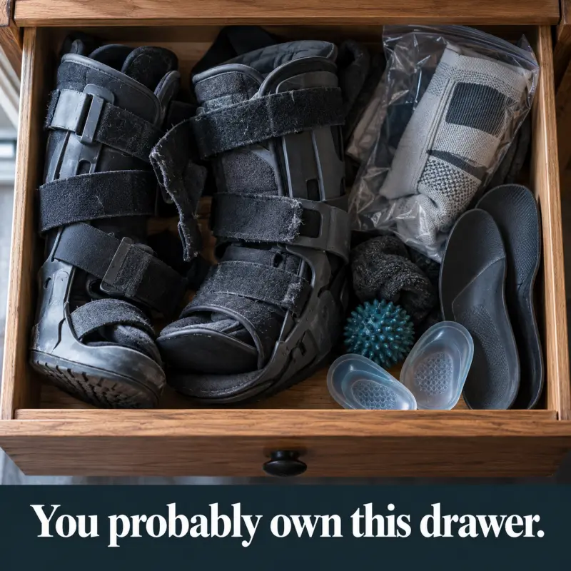 You probably own this drawer — an open nightstand drawer filled with abandoned night splints, a Strassburg sock, a massage ball, and gel heel cups