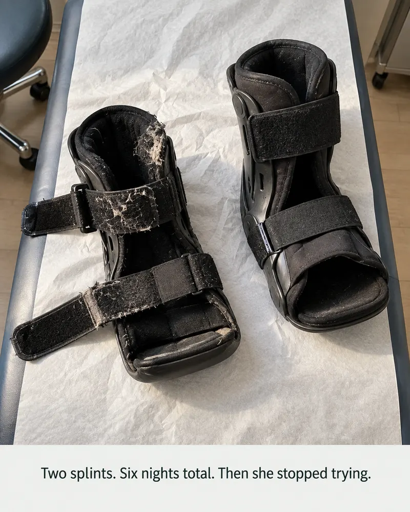 Two splints. Six nights total. Then she stopped trying — worn posterior boots on a PT exam table