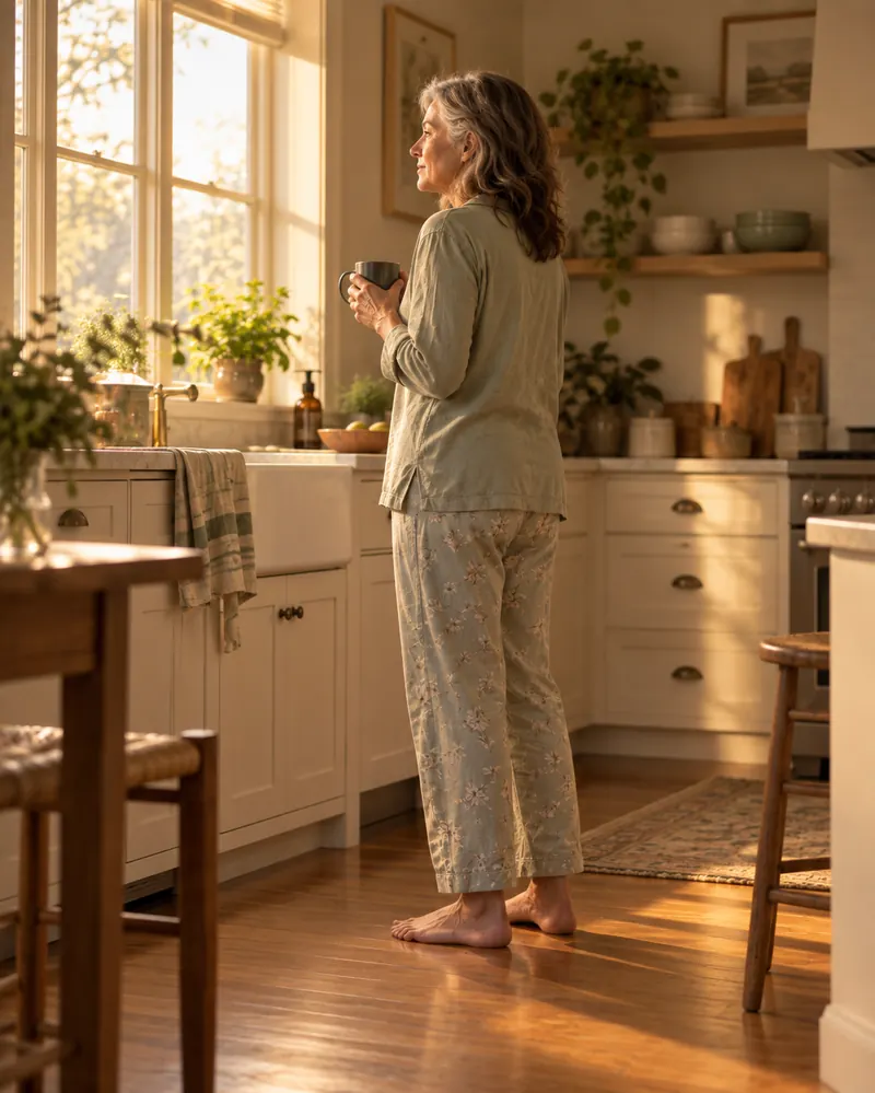 Tranquil morning in the kitchen — standing freely, holding coffee, no pain