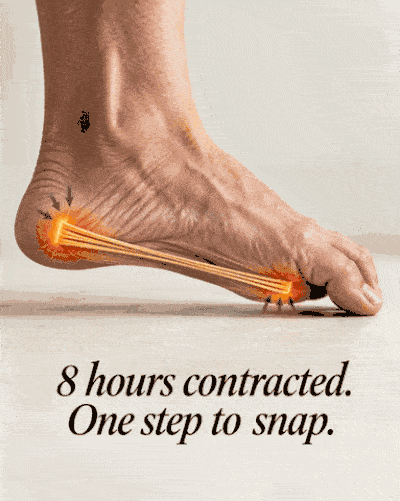 Eight hours contracted. One step to snap — plantar fascia tightening overnight